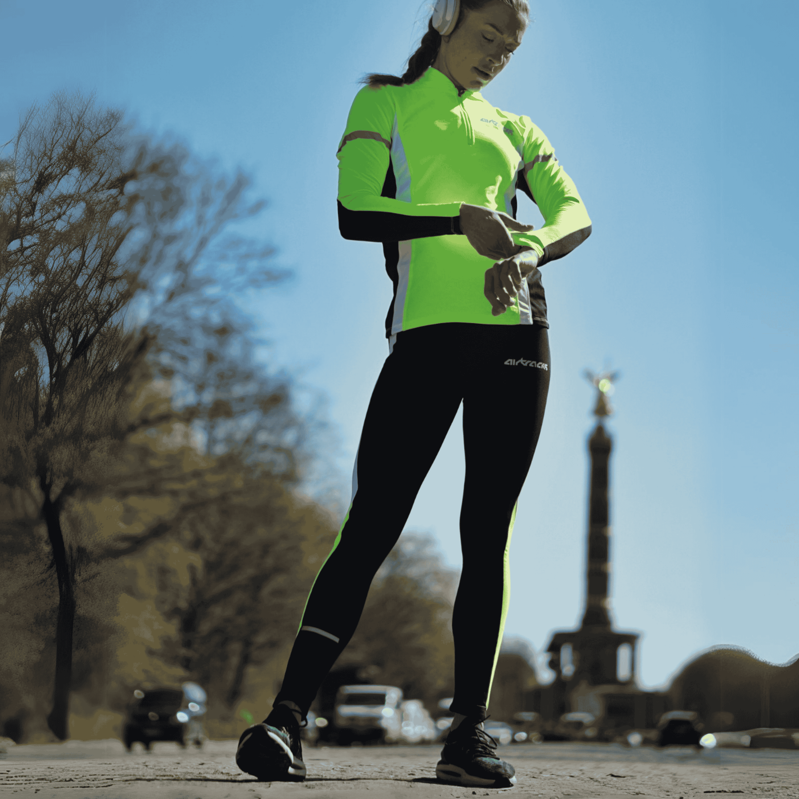 Damen Winter.Laufset Thermo Laufhose Tight Lang + Thermo Laufshirt Langarm - Schwarz-Neon