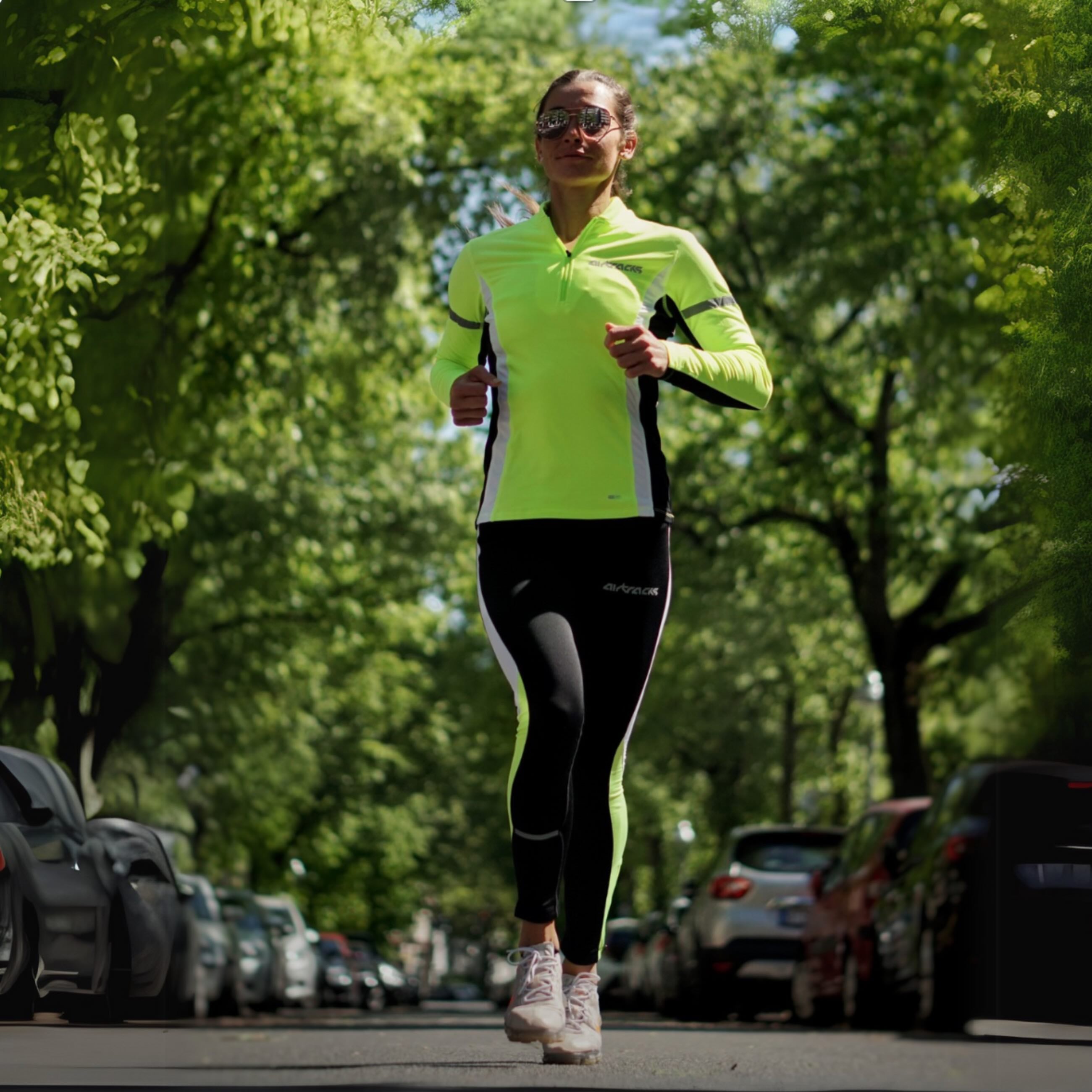 Damen Winter.Laufset Thermo Laufhose Tight Lang + Thermo Laufshirt Langarm - Schwarz-Neon