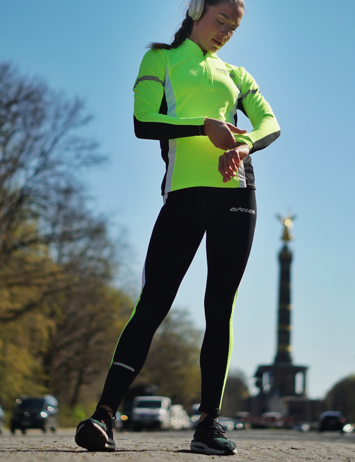 Airtracks Damen Thermo Funktions Laufset Laufhose Tight Lang + Thermo Funktions Laufshirt Langarm - Schwarz-Neon