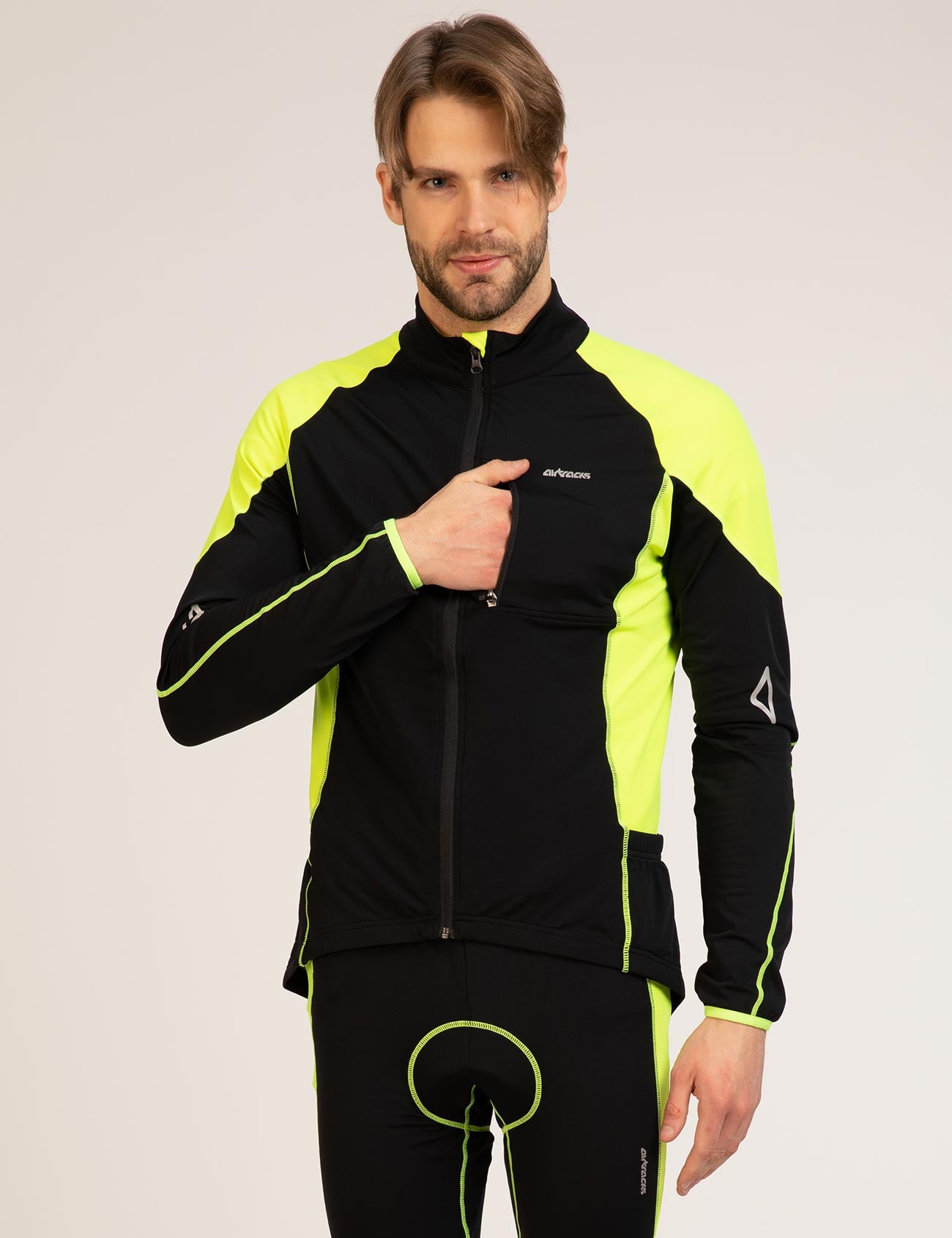 Herren Winter Thermoradtrikot Set (2-tlg.) Pro-T Fahrradtrikot Langarm+Fahrradhose Lang Schwarz Neon