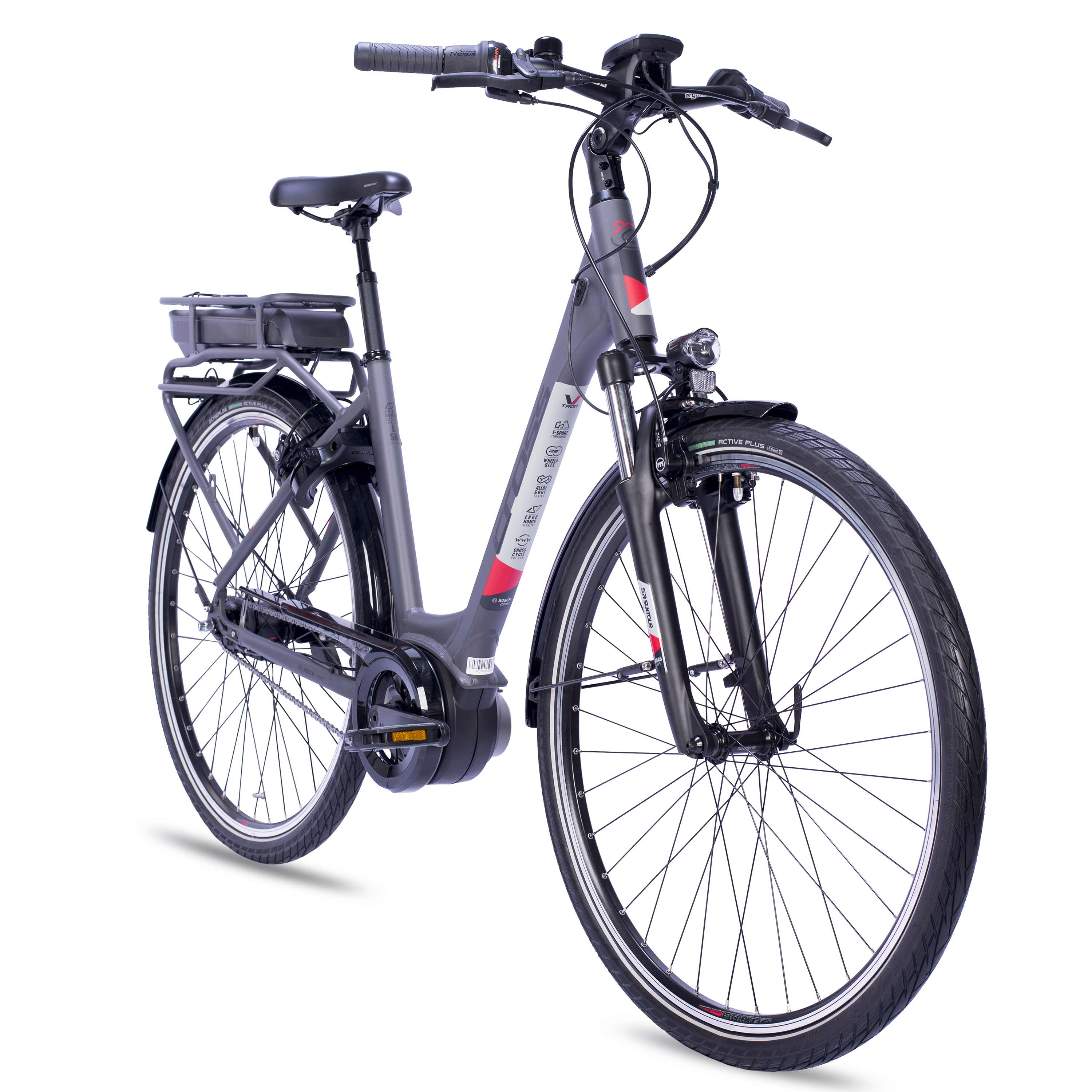 28" E-Bike City Fahrrad V-Tron RACK BOSCH ACTIVE LINE 400 Wh 7 GANG SHIMANO NEXUS RÜCKTRITTBREMSE Schwarz