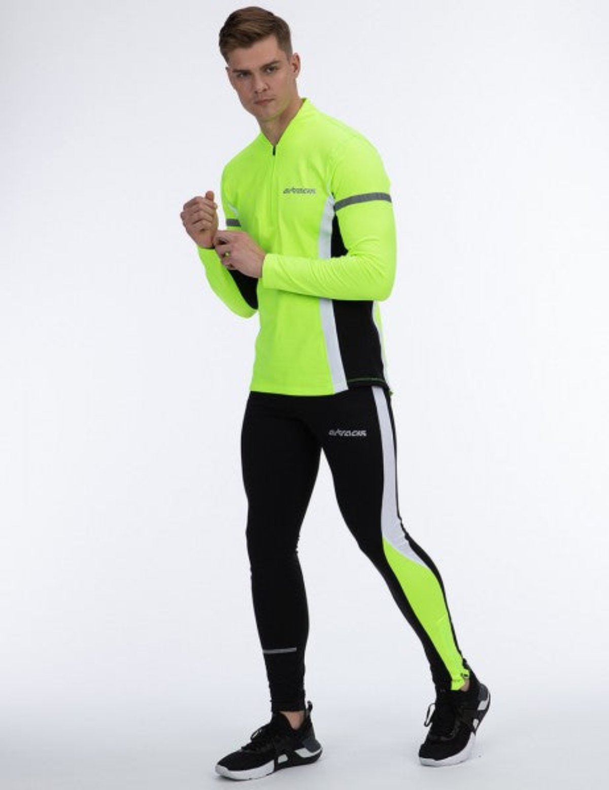 Airtracks Men's Thermo Functional Running Set Running Tights Long + Thermo Functional Running Shirt Long Sleeve - Black-Neon