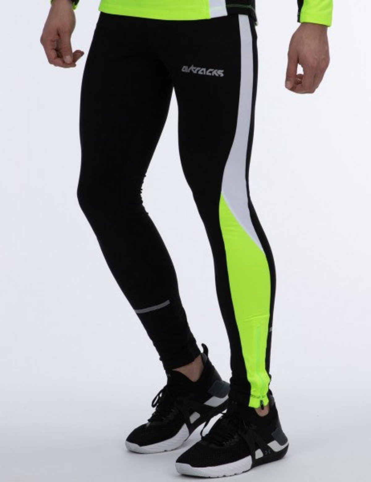 Airtracks Herren Thermo Funktions Laufset Laufhose Tight Lang + Thermo Funktions Laufshirt Langarm - Schwarz-Neon