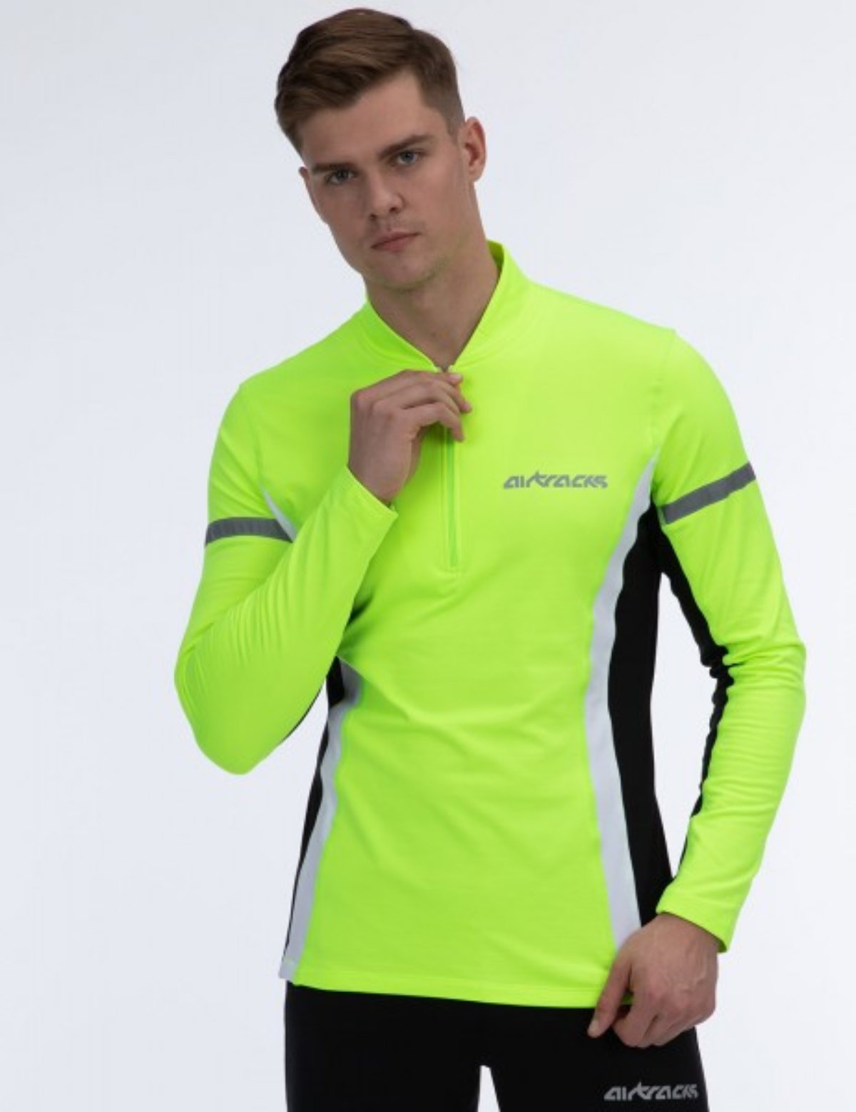 Airtracks Herren Thermo Funktions Laufset Laufhose Tight Lang + Thermo Funktions Laufshirt Langarm - Schwarz-Neon