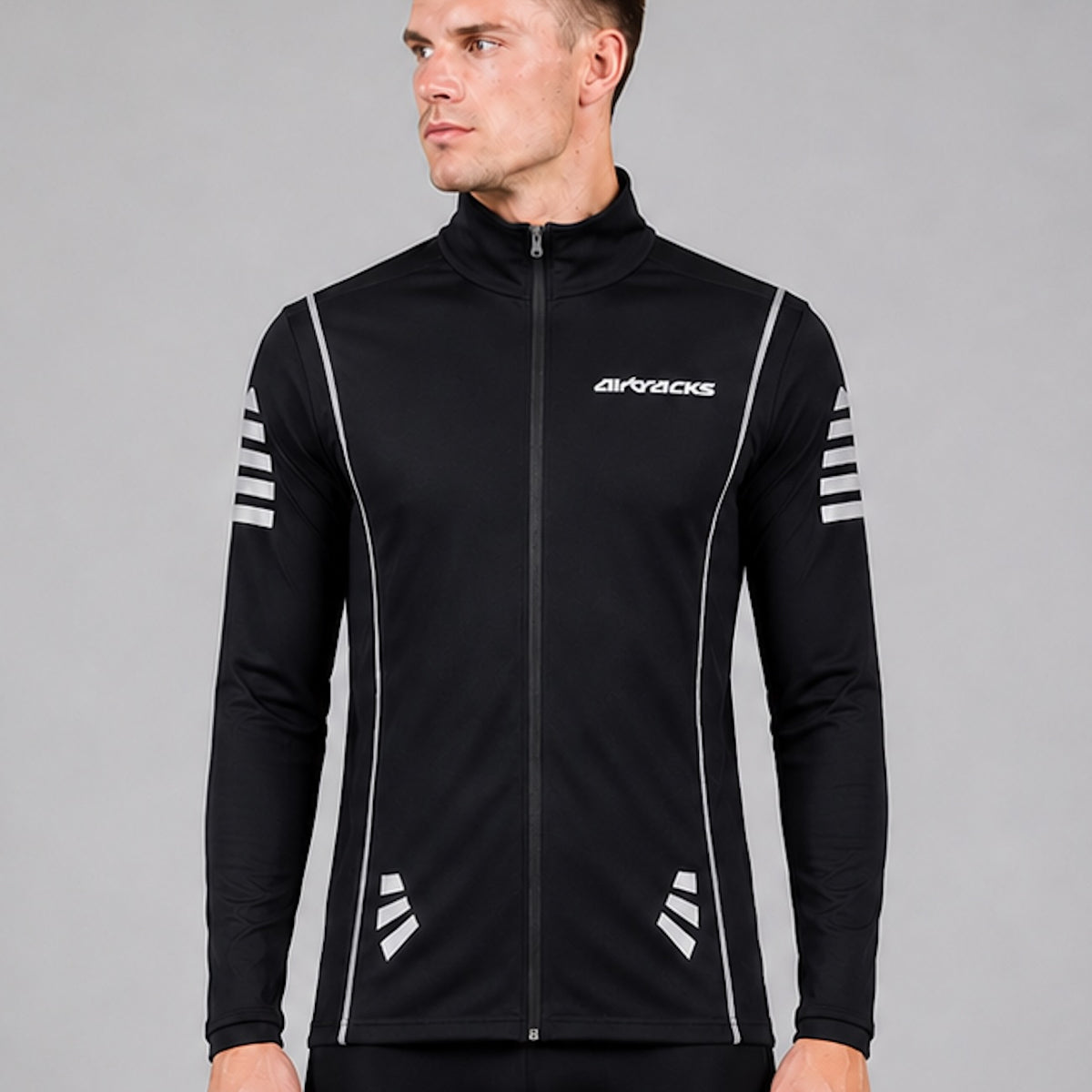 Herren Winter Fahrradtrikot Langarm Pro Fleece Thermotrikot Schwarz-Silber